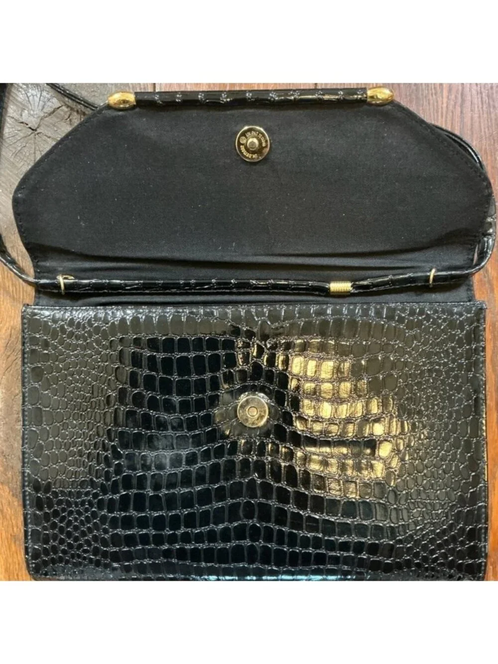 Vintage Black Croc Embossed Shoulder Bag Clutch Crossbody Convertible